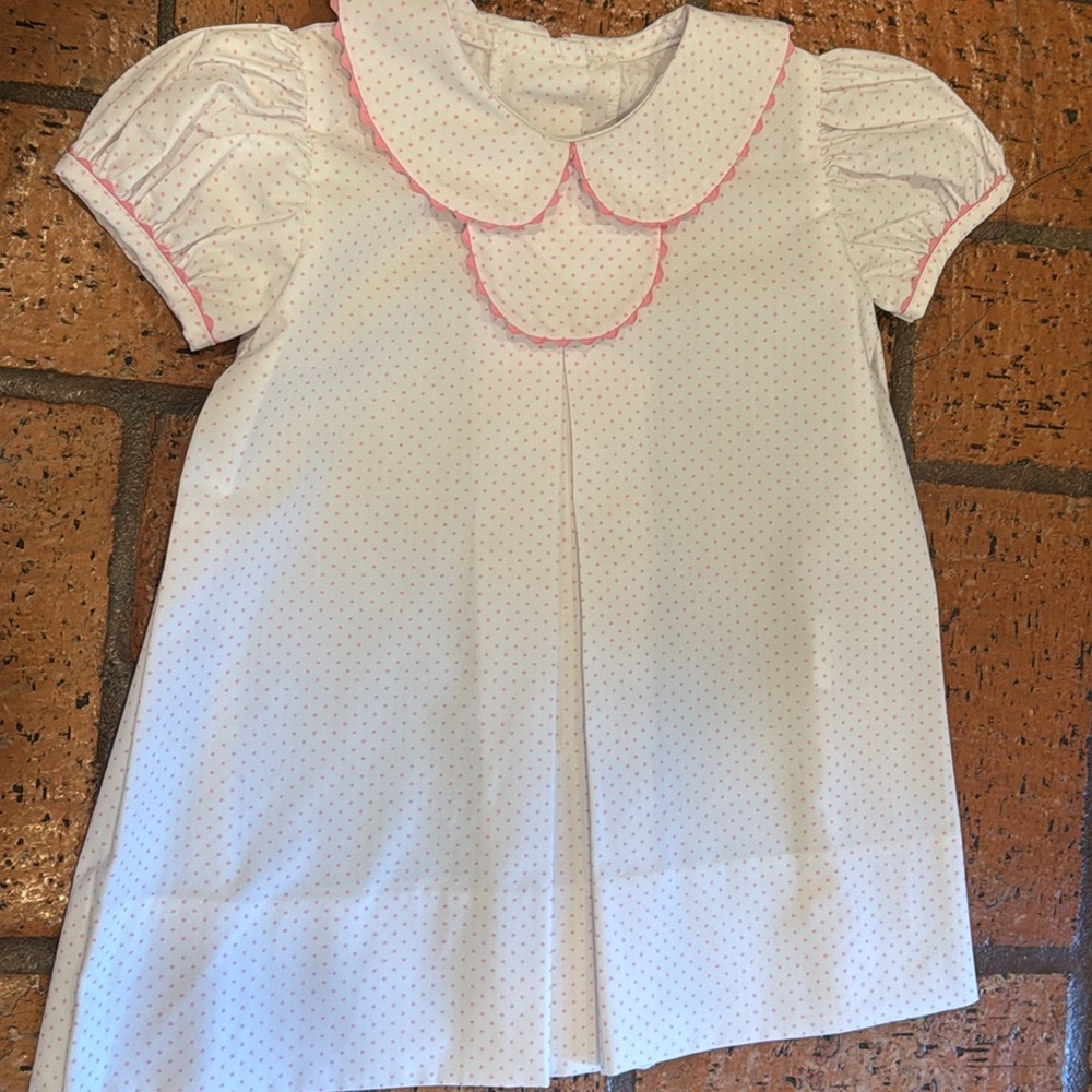 Lullaby Set - Pink Polka Dot Dress w/Scalloped Collar & Ric Rac Trim - Size: 12M